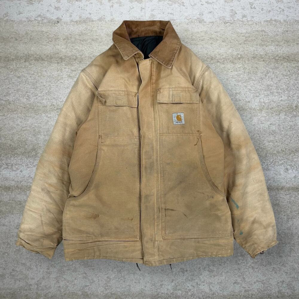 Vintage 90s Carhartt Jacket Mens L Tan Cotton Canvas Insulated Full Zip